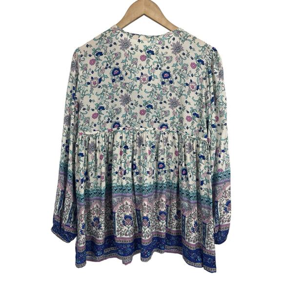 Pookie & Sebastian Contrast Pattern Long Sleeve Tassle Tie Front Blouse M/L Boho - Picture 2 of 5